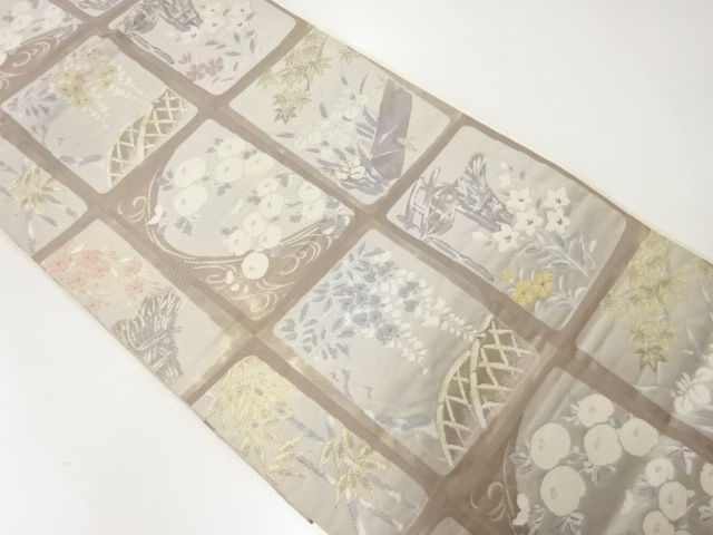 JAPANESE KIMONO / ANTIQUE FUKURO OBI / SILK / WOVEN GRID & KIKU